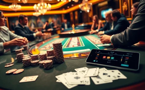 Experience the thrill of professional gambling at Jun 88's glamorous casino, featuring a poker table and vibrant gameplay.