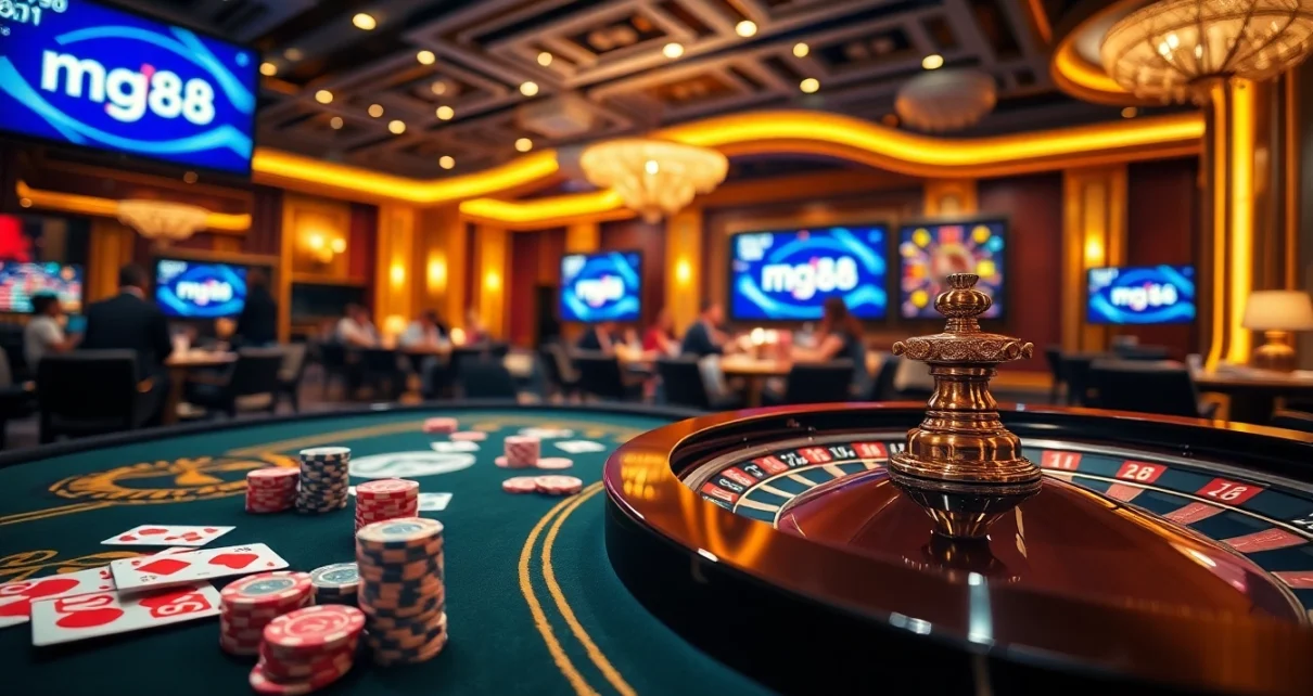 Experience the excitement of mg188 at a luxury casino table filled with vibrant poker chips and cards.