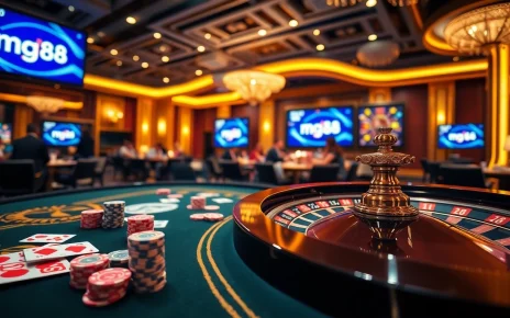 Experience the excitement of mg188 at a luxury casino table filled with vibrant poker chips and cards.