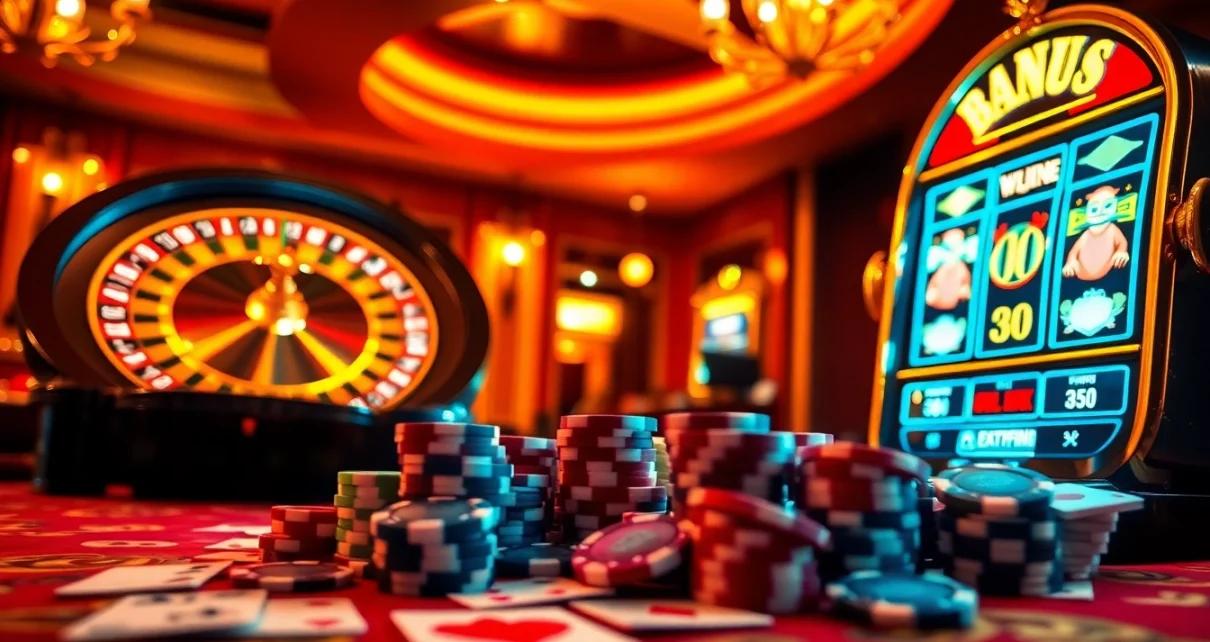 Experience the thrill of winning at Okfun casino with vibrant slot machines and poker chips.