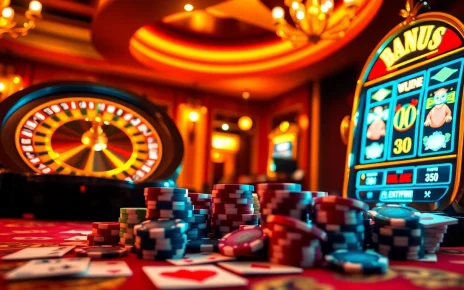 Experience the thrill of winning at Okfun casino with vibrant slot machines and poker chips.
