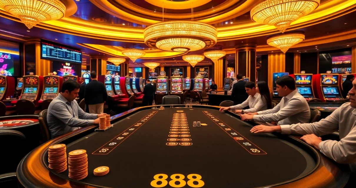 Experience the thrill of new 88 with a luxurious casino ambiance featuring poker tables and vibrant slot machines.