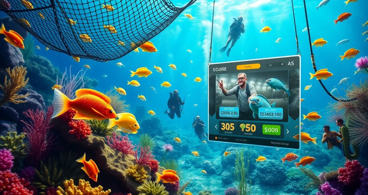 Action-packed bắn cá đổi thưởng scene featuring vibrant underwater fishing adventure with colorful fish and engaging gameplay interface.