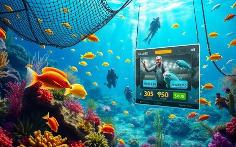 Action-packed bắn cá đổi thưởng scene featuring vibrant underwater fishing adventure with colorful fish and engaging gameplay interface.