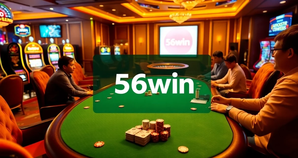 Players enjoying a thrilling 56win poker game at an upscale casino table.