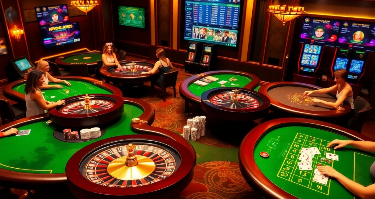 Engaging gaming experience at https://rr88it.com/ with players enjoying casino games and vibrant slot machines.