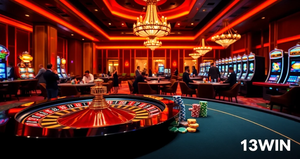 Engaging players at 13win's vibrant roulette table with colorful chips and casino excitement.