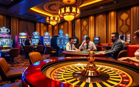 Experience the thrill of MM88 with an upscale casino scene showcasing poker, roulette, and slot machines.