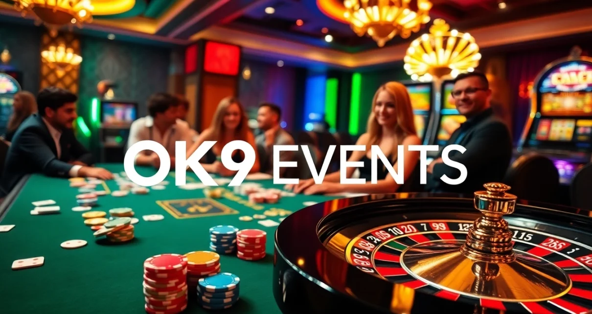 Gambling at OK9 EVENTS showcasing vibrant poker chips and roulette wheels in a luxurious casino setting.