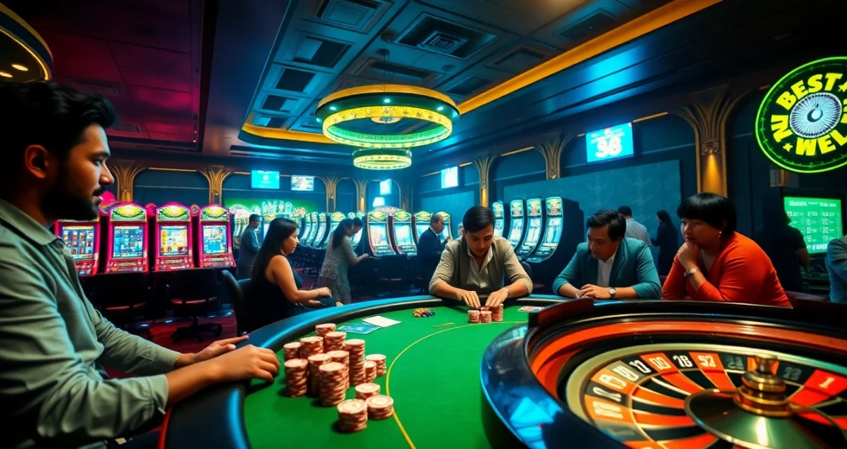 Experience the thrill of bet 88 at a vibrant casino with poker chips, cards, and a roulette wheel.