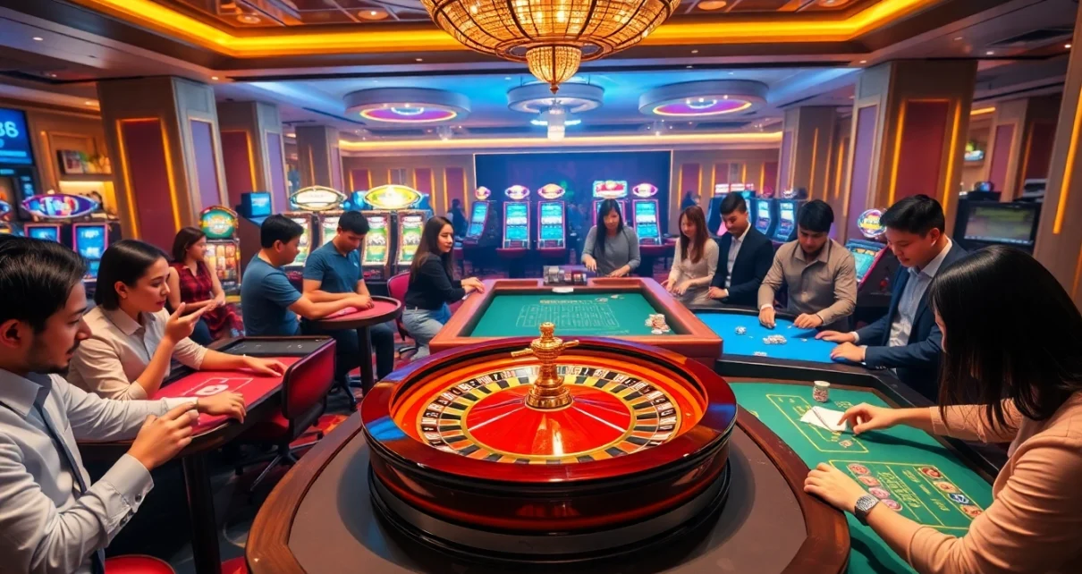 RR88 casino scene with gamblers engaged at tables, showcasing roulette, poker chips, and excitement.
