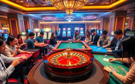 RR88 casino scene with gamblers engaged at tables, showcasing roulette, poker chips, and excitement.