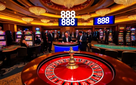 Experience excitement at 888 top casino with vibrant slot machines and poker tables.