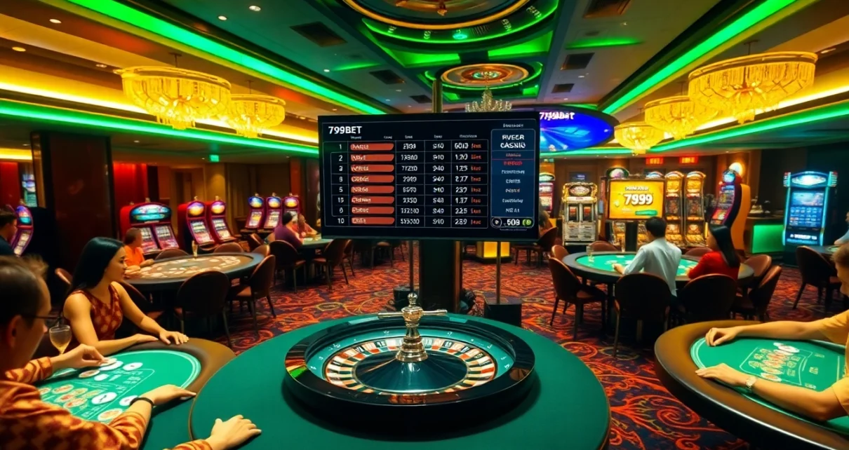 Engaging casino scene featuring nhà cái 789BET gaming tables, poker chips, and luxurious decor.