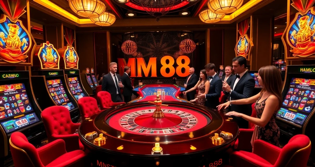 Exciting gameplay at MM 88 with vibrant slot machines and a roulette table.