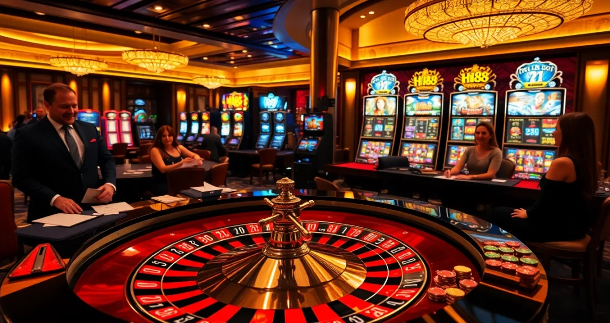 Players enjoying their experience at Hi88's luxurious casino, with roulette and poker action.