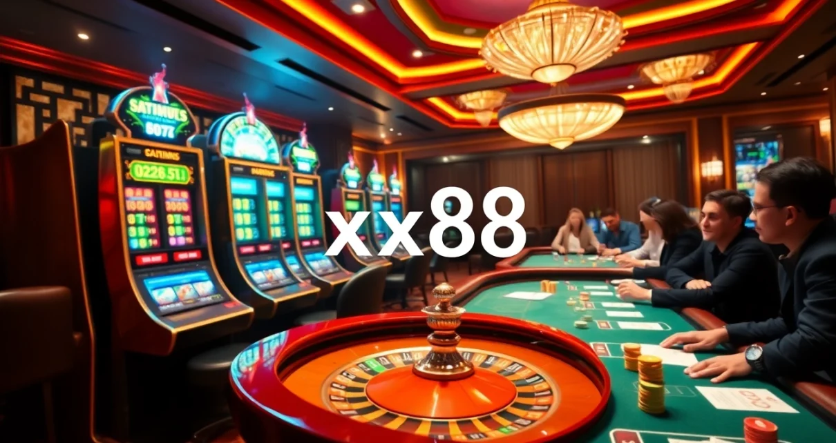 Engaged gamblers winning big at slot machines in the vibrant xx88 casino atmosphere.