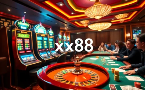 Engaged gamblers winning big at slot machines in the vibrant xx88 casino atmosphere.