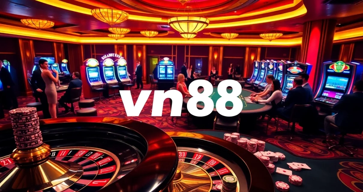 Experience the excitement at vn88 with a luxurious casino scene featuring roulette, blackjack, and vibrant slot machines.