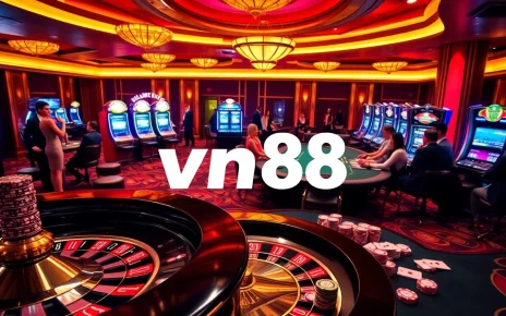 Experience the excitement at vn88 with a luxurious casino scene featuring roulette, blackjack, and vibrant slot machines.