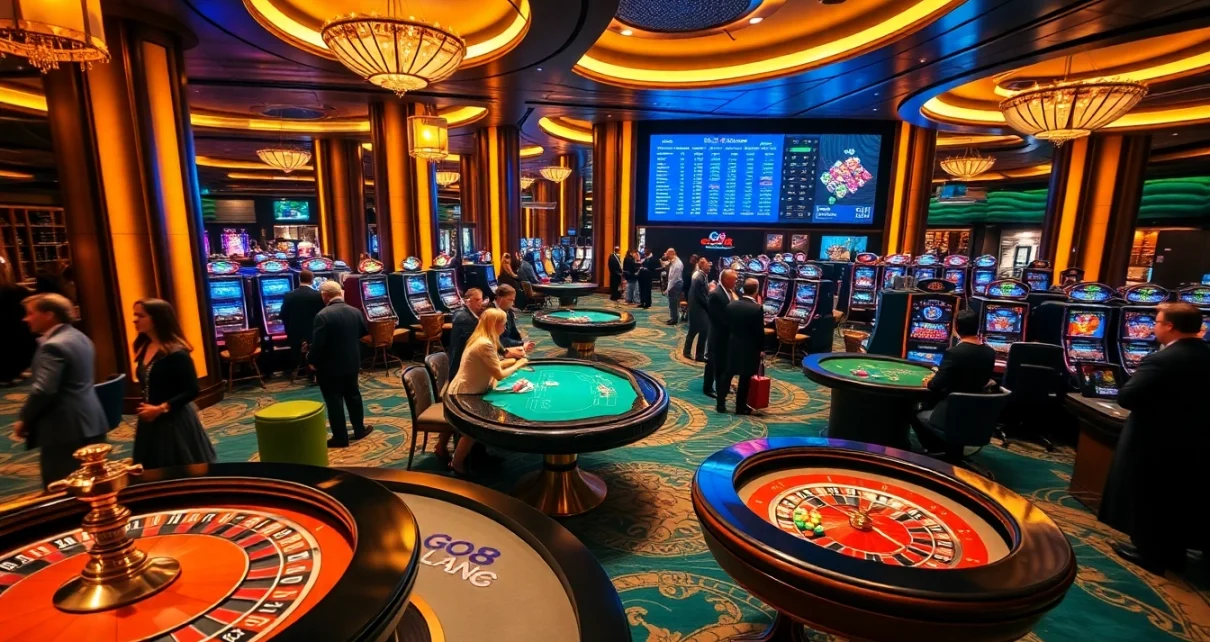 Experience luxury gambling at go8 with poker tables and vibrant slots lighting up the casino.