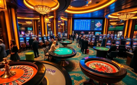Experience luxury gambling at go8 with poker tables and vibrant slots lighting up the casino.