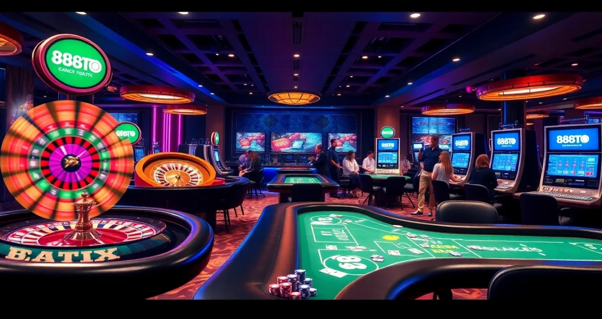 Intense gaming scene at 888TO casino, showcasing poker tables, roulette wheel, and vibrant atmosphere.
