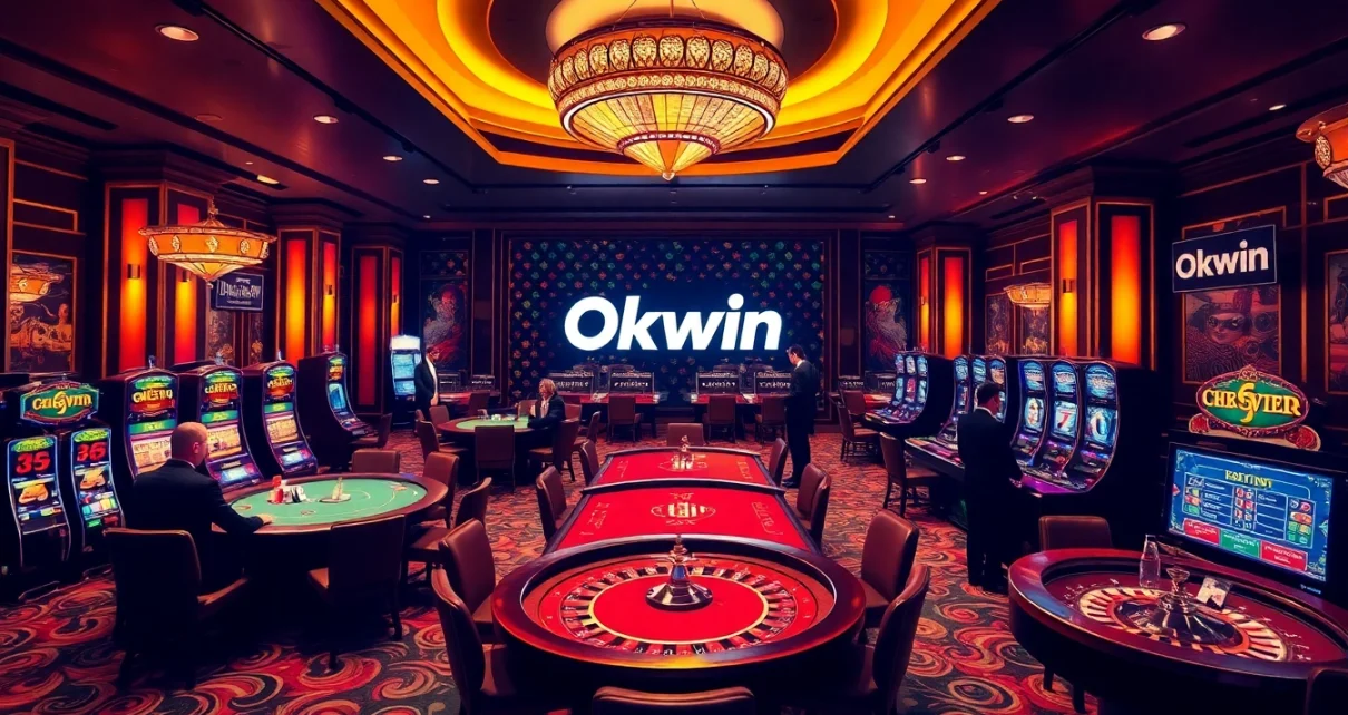 Okwin casino gaming scene featuring players at poker and roulette tables under warm lighting.