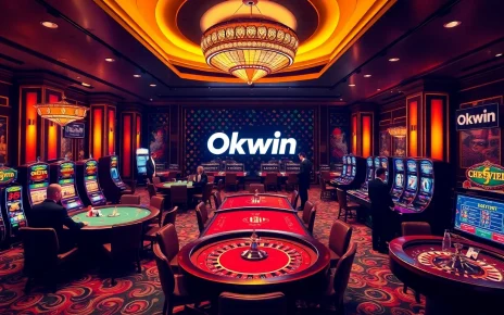 Okwin casino gaming scene featuring players at poker and roulette tables under warm lighting.