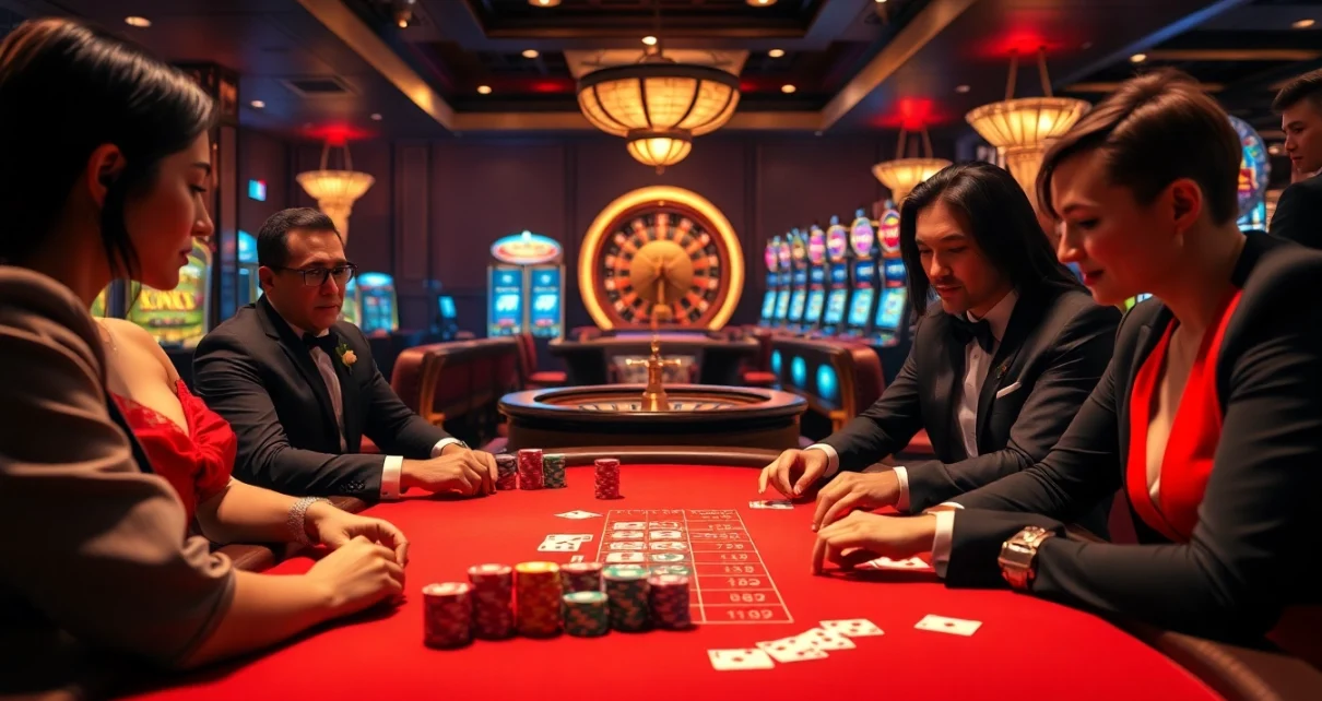 Experience the excitement of gambling with KJC at https://kjc.uk.com/ as players engage at a luxurious poker table.