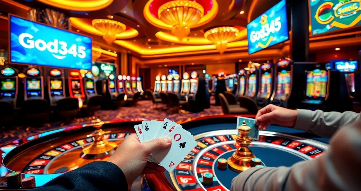 Experience the thrill of playing at God345 casino with vibrant slot machines and exciting poker action.