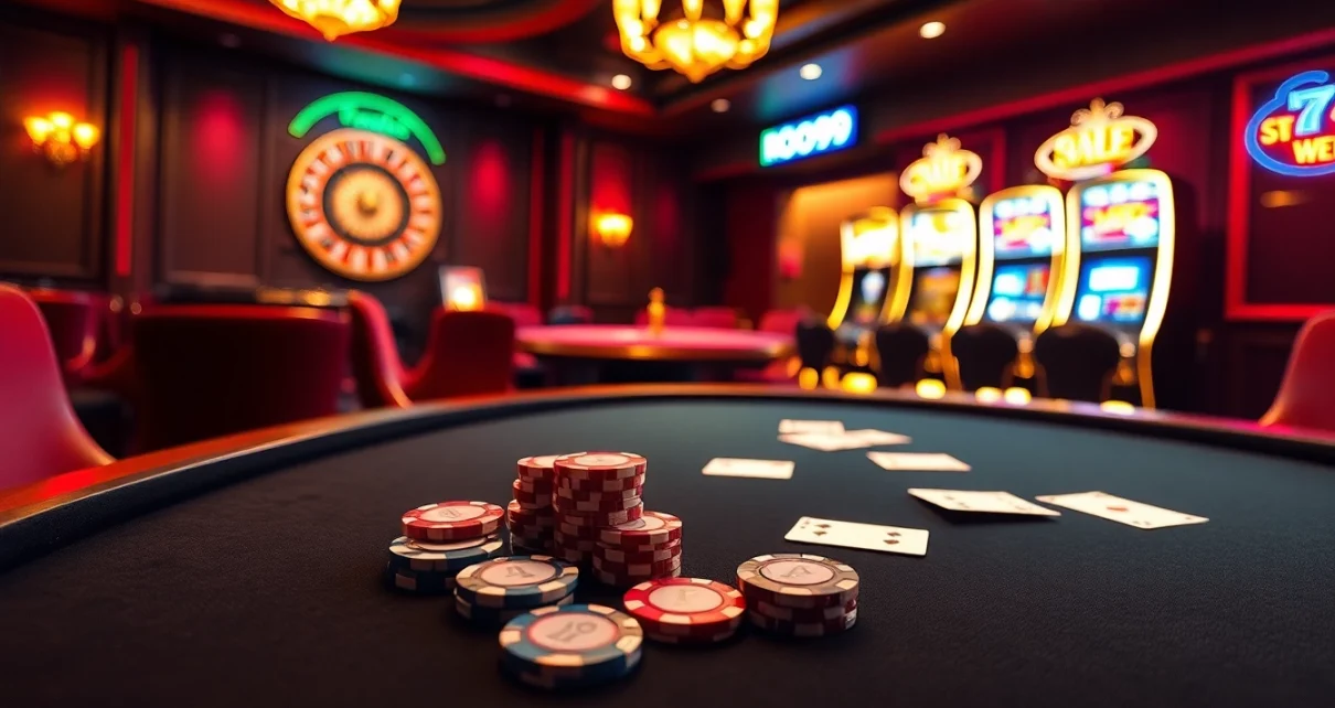 Experience the excitement of gambling at Roo99 with vibrant casino tables and spinning roulette wheels.