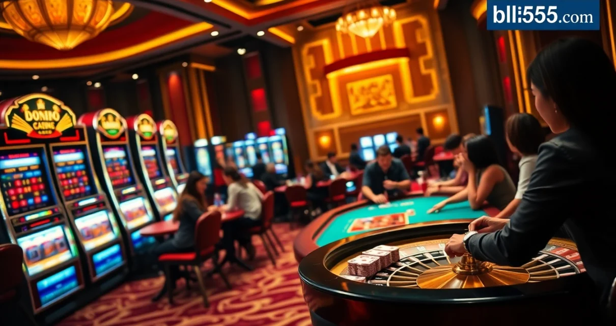 Experience the excitement of gambling at bl555.com with vibrant casino visuals of poker and slot machines.