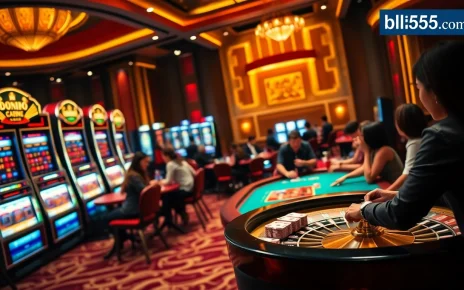 Experience the excitement of gambling at bl555.com with vibrant casino visuals of poker and slot machines.
