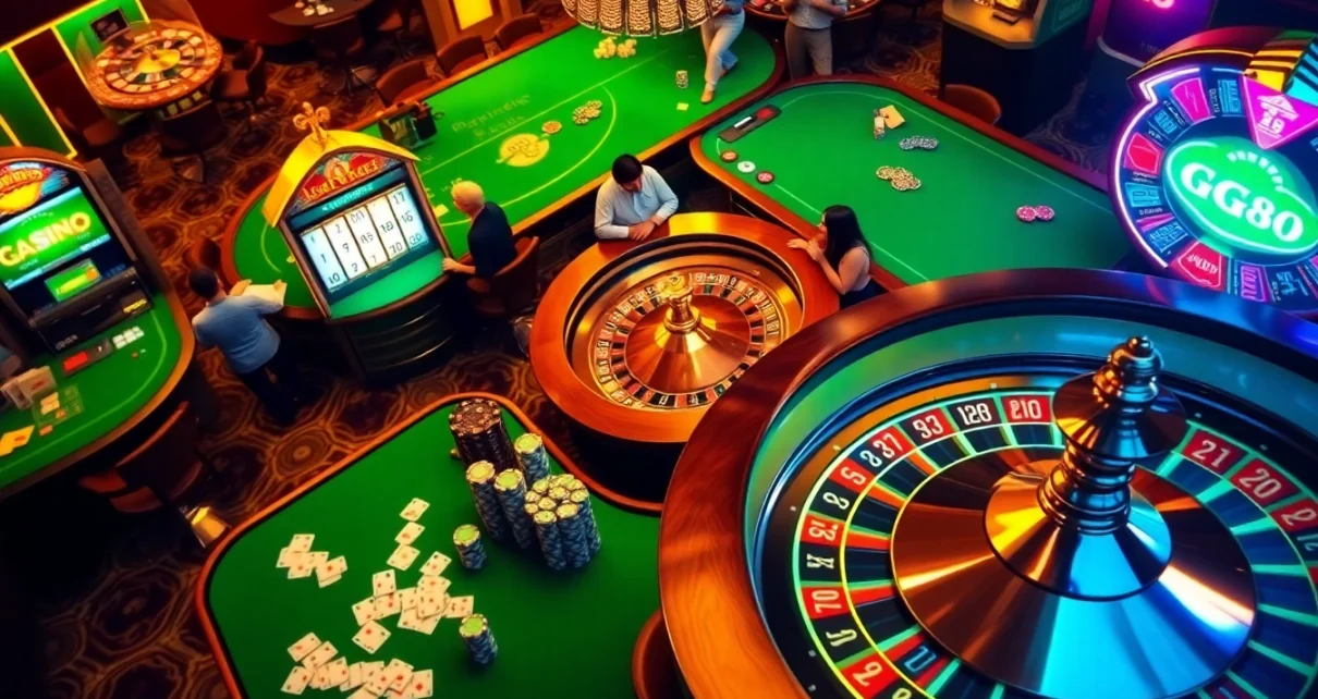 High-stakes gambling scene at GG88 casino with poker chips and slot machines.