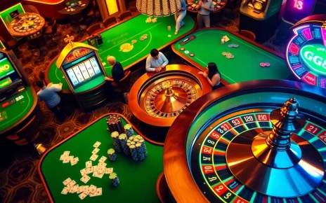 High-stakes gambling scene at GG88 casino with poker chips and slot machines.