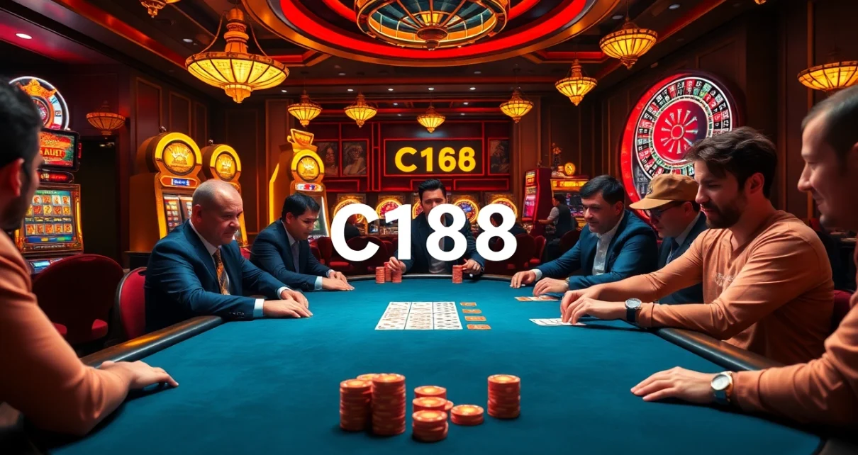 Experience C168 excitement with vibrant poker tables and slot machines in a luxurious casino setting.
