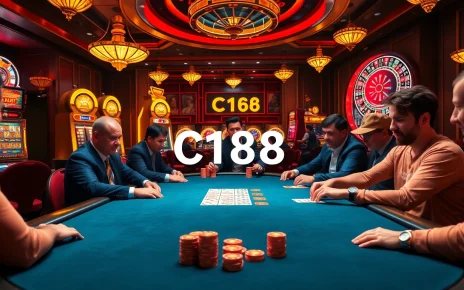 Experience C168 excitement with vibrant poker tables and slot machines in a luxurious casino setting.