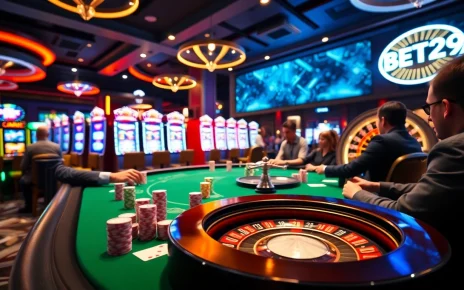 Experience the thrill of BET29 at a luxurious casino poker table with vibrant chips and cards.