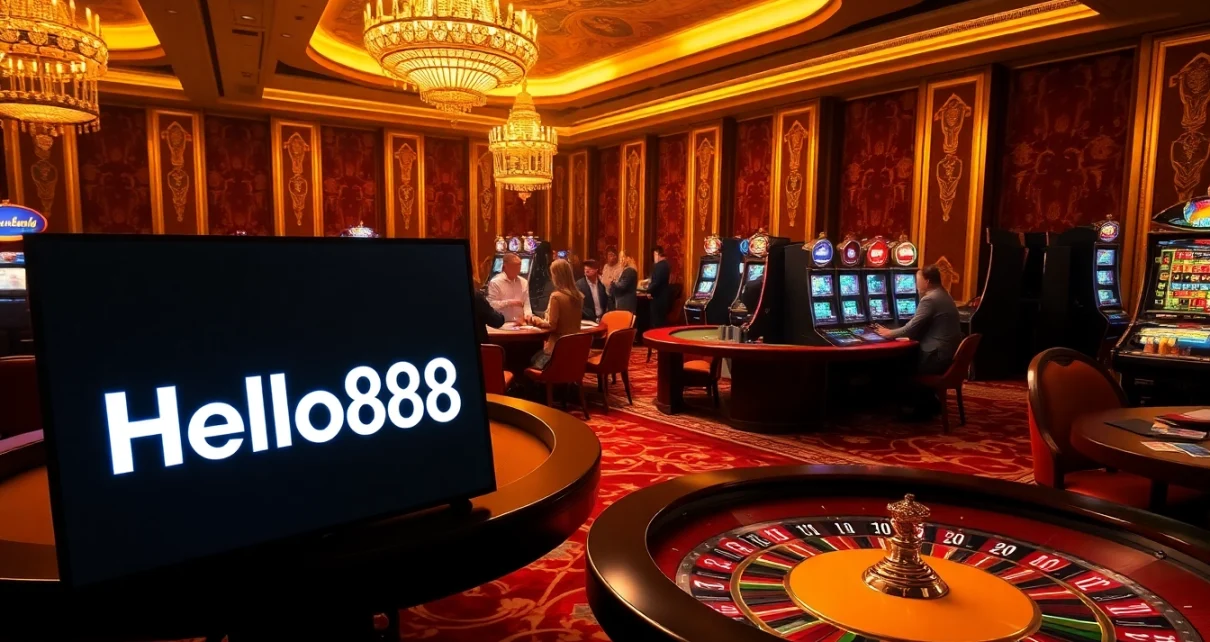 Hello88 casino scene with roulette, poker action, and vibrant gambling atmosphere.