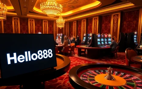 Hello88 casino scene with roulette, poker action, and vibrant gambling atmosphere.