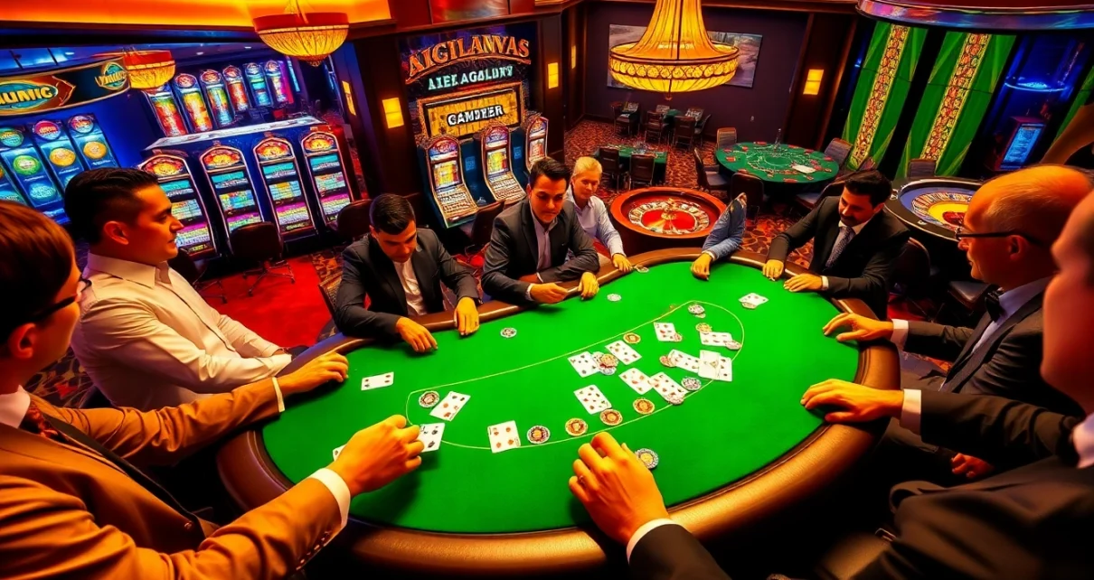 KJC members enjoying a high-stakes poker game in a luxurious casino atmosphere