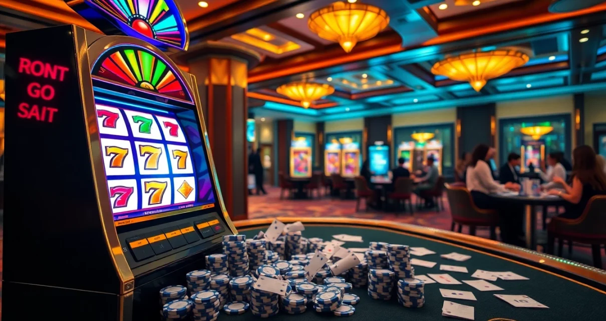Exciting scene of players engaging with a 슬롯사이트 environment featuring vibrant slot machines and casino decor.
