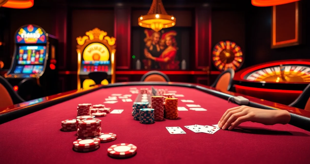 Players engaging at an exciting MM88 poker table with vibrant chips and cards.