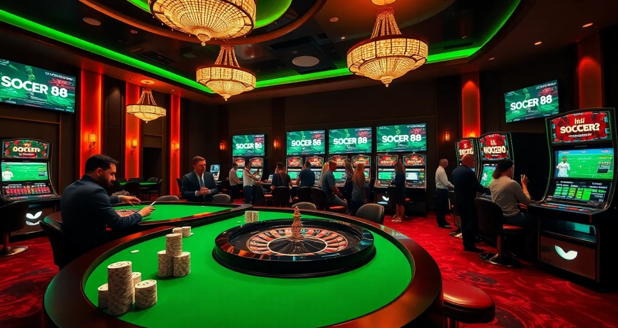 Experience the excitement of betting at hi88 soccer casino with vibrant poker tables and slot machines.