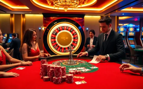 MM 88 gaming table with vibrant poker chips and playing cards in a luxurious casino setting.