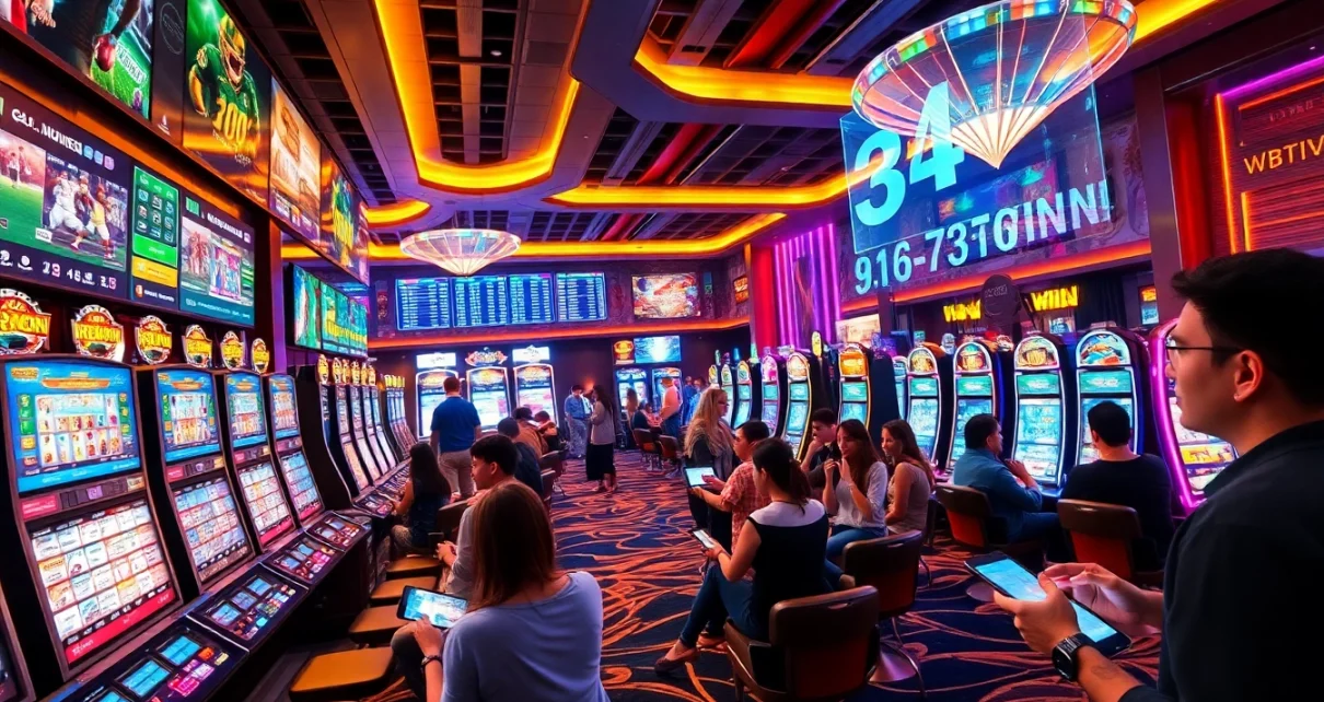 Exciting online gaming experience at 84WIN featuring vibrant casino environment and mobile betting