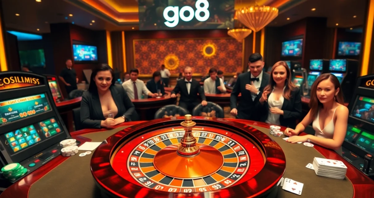 Experience go8's exhilarating casino atmosphere with roulette and poker games played by excited players.