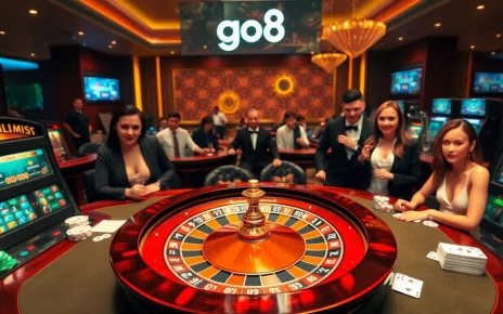 Experience go8's exhilarating casino atmosphere with roulette and poker games played by excited players.