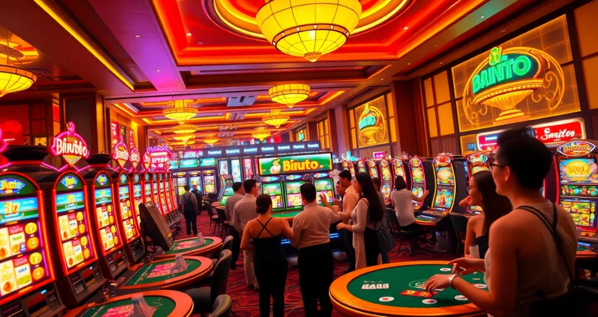 Pemain menikmati mesin slot Birutoto dalam suasana kasino yang meriah.